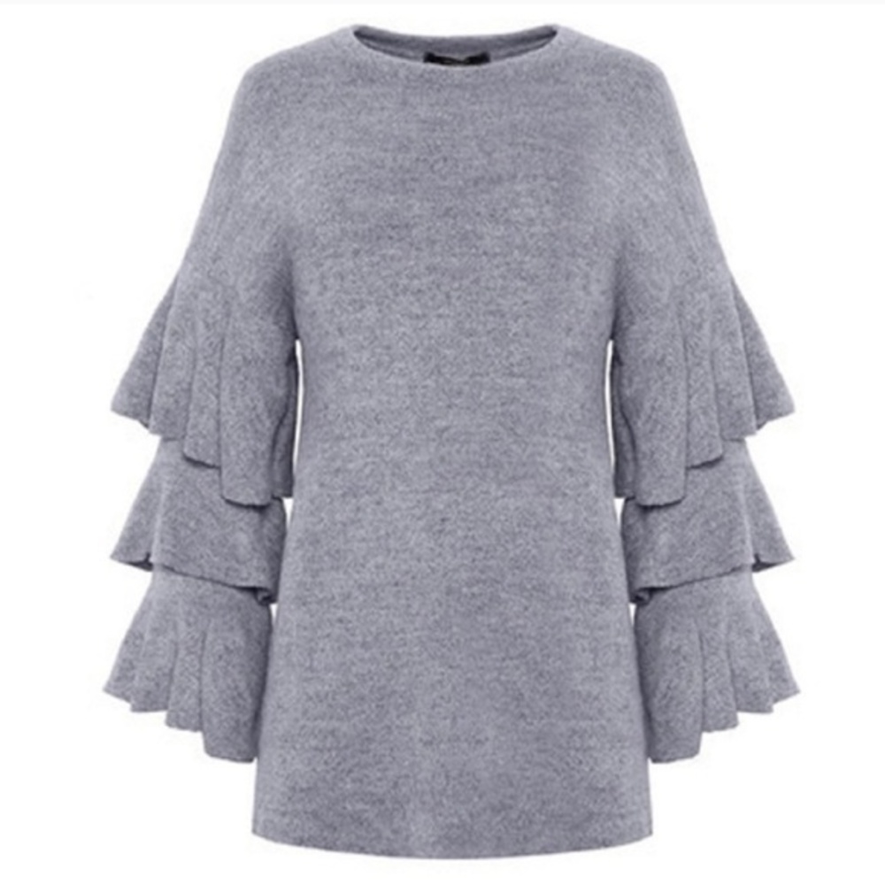 💜 GRAY LAYERED RUFFLE DRESS LONG  SLEEVE SUPER SOFT SWEATER‎ DRESS - Picture 2 of 8
